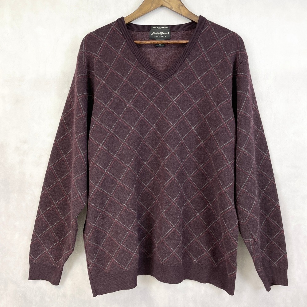 Vintage Eddie Bauer Mens Argyle Sweater XXL Tall 90s Merino Wool Preppy Academia